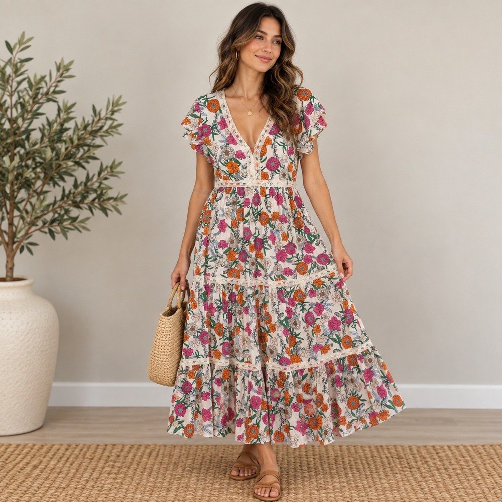 BaeVely Maxi Dress Pink Orange Floral Lace Tiered Flutter Sleeve Cottagecore L
